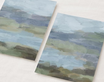 Abstract Landscape Art Prints, Blue Green Watercolor, Modern Minimal Decor, Set of 2