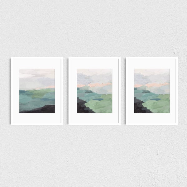 ART PRINTS - Set of Three Triptych Seafoam Green Mint Black Blush Pink Nature Land, Abstract Modern Farmhouse Painting 5x7 8x10 11x14 16x20