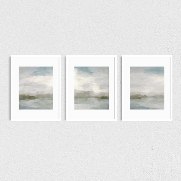 Impressions artistiques - lot de 3 art mural abstrait bleu gris sauge vert lever de soleil océan nuages, peintures triptyque, art mural moderne, 5 x 7 8 x 10 11 x 14 16 x 20