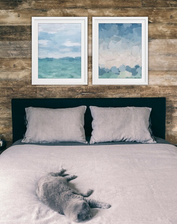 Set Of 2 Aqua Mint Green Sky Blue Abstract Ocean Clouds Water Wall Art Printable Art Summer Painting Prints Modern Wall Art