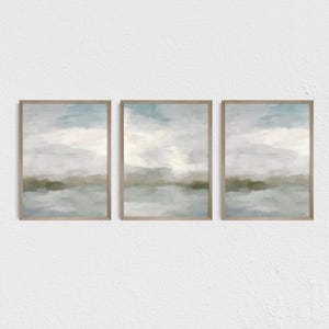 Abstract Ocean Sunrise Art Prints: Gray Blue Sage Green Triptych image 2
