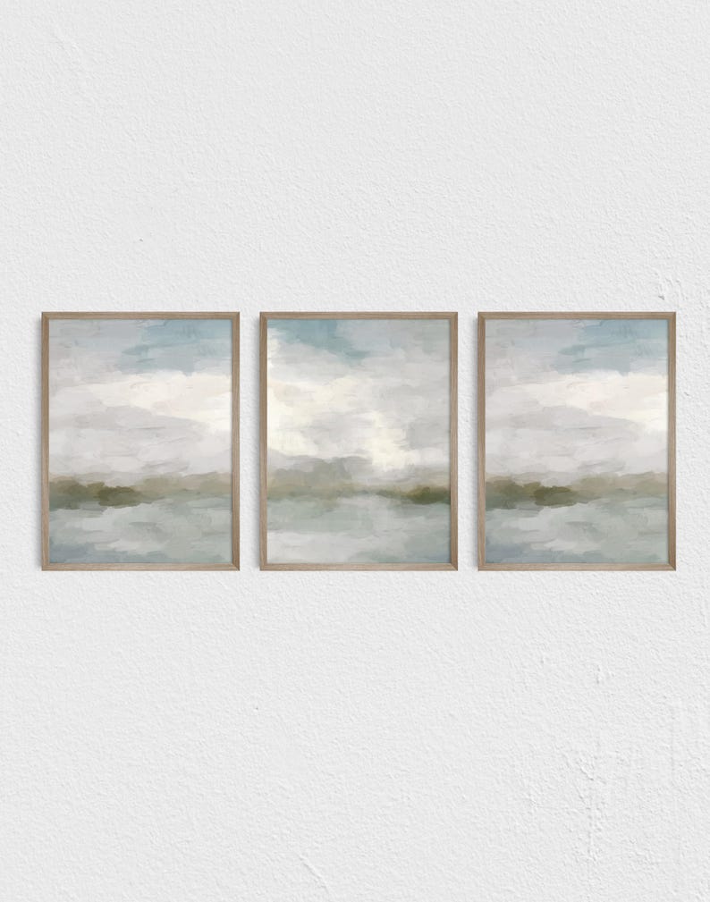 Abstract Ocean Sunrise Art Prints: Gray Blue Sage Green Triptych image 2
