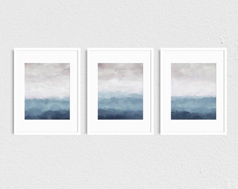 ART PRINTS - Set of 3 White, Mauve, Navy Gray Blue Abstract Painting, Triptych Modern Wall, Ocean Sky Cloudy Waves Rain 5x7 8x10 11x14 16x20