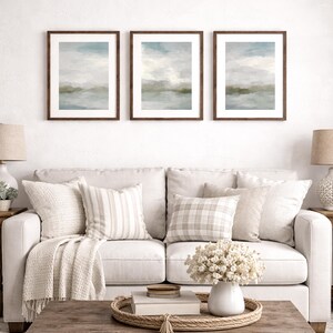 Abstract Ocean Sunrise Art Prints: Gray Blue Sage Green Triptych image 5