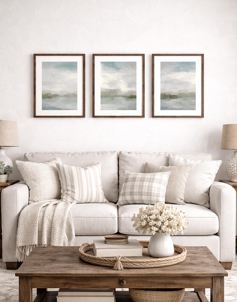 Abstract Ocean Sunrise Art Prints: Gray Blue Sage Green Triptych image 5
