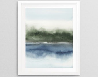 ART PRINT - Forest Reflection II, Blue and Green Wall Art, Abstract Nature Watercolor Painting, Minimal Home Décor, 5x7 8x10 11x14 16x20