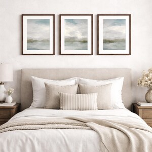 Abstract Ocean Sunrise Art Prints: Gray Blue Sage Green Triptych image 3