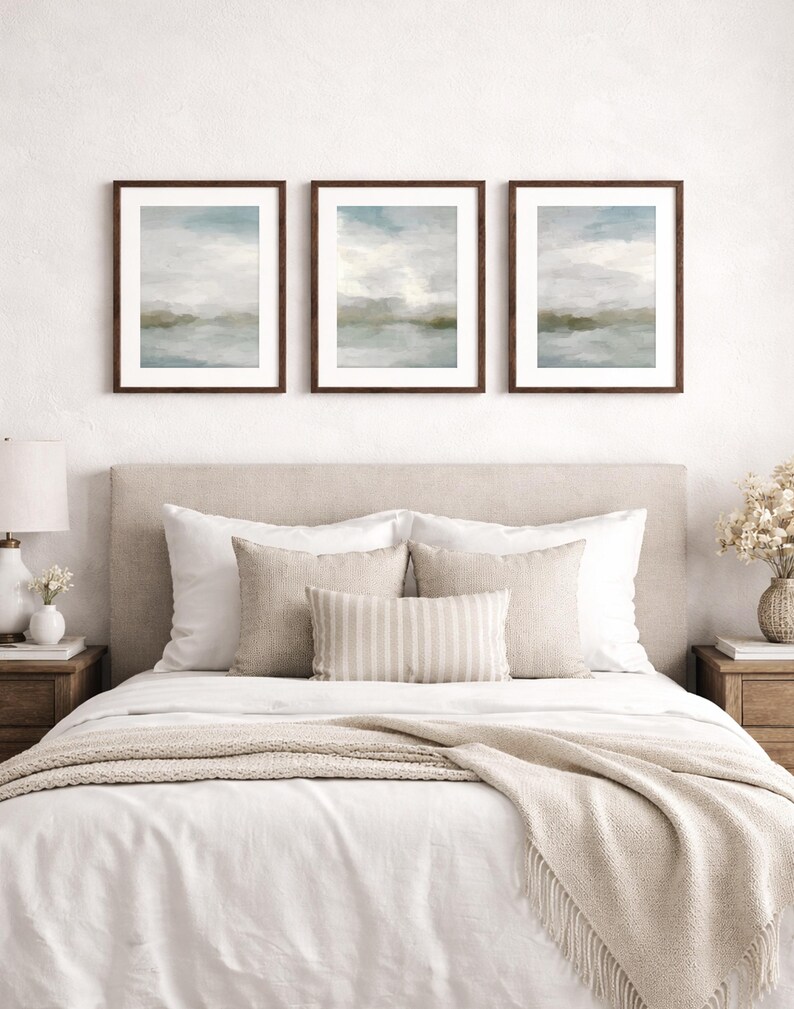 Abstract Ocean Sunrise Art Prints: Gray Blue Sage Green Triptych image 3