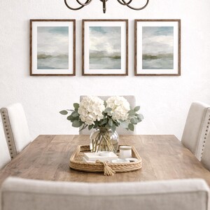 Abstract Ocean Sunrise Art Prints: Gray Blue Sage Green Triptych image 4