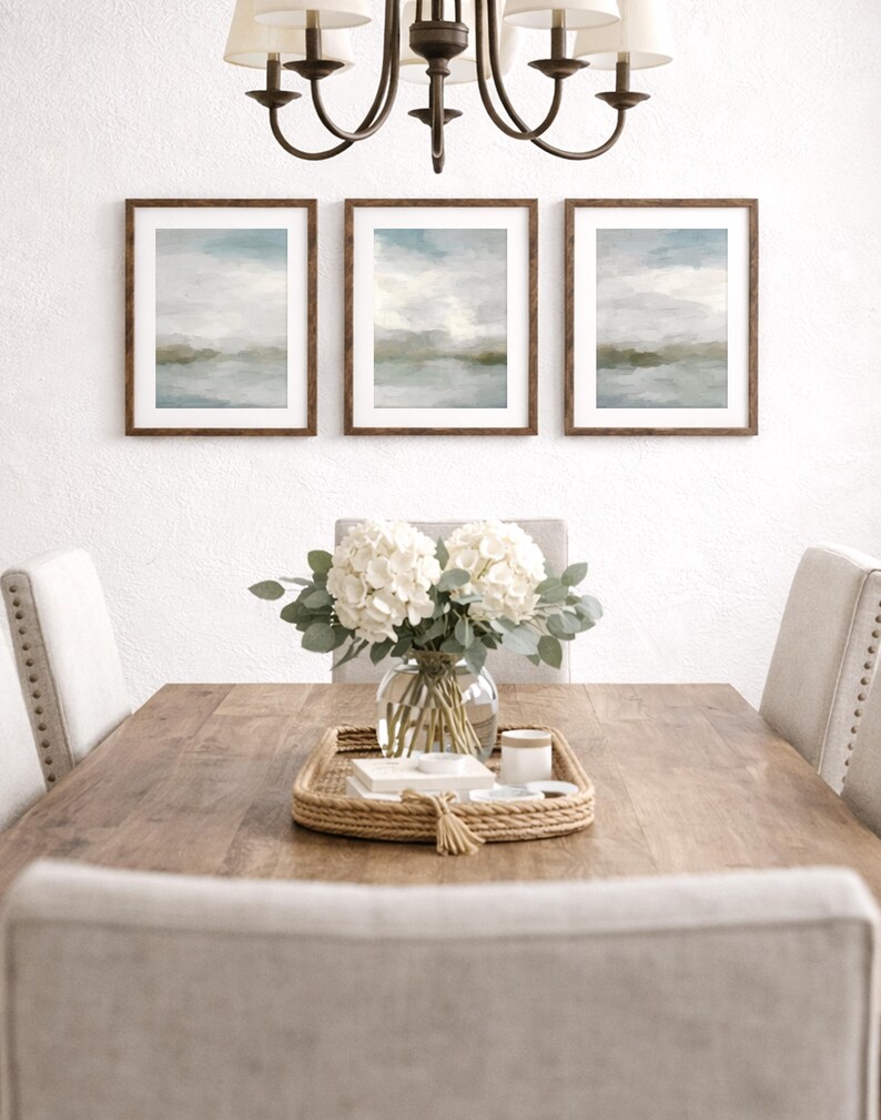 Abstract Ocean Sunrise Art Prints: Gray Blue Sage Green Triptych image 4