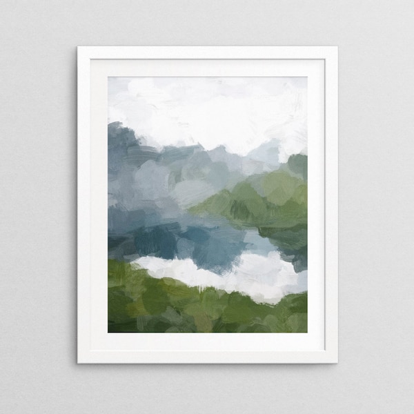 ART PRINT - Blue Lake, White Clouds, Green Mountain Reflection, Rustic Wall Décor, Nature Art Painting, 5x7 8x10 11x14 16x20