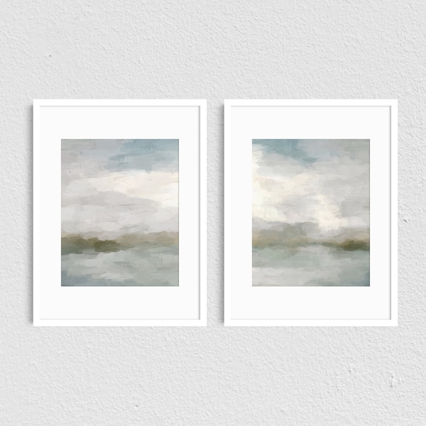 ART PRINTS - Set of 2 Gray Blue Sage Green Sunrise Abstract Ocean Clouds Wall Art, Summer Painting Prints, Modern Wall, 5x7 8x10 11x14 16x20