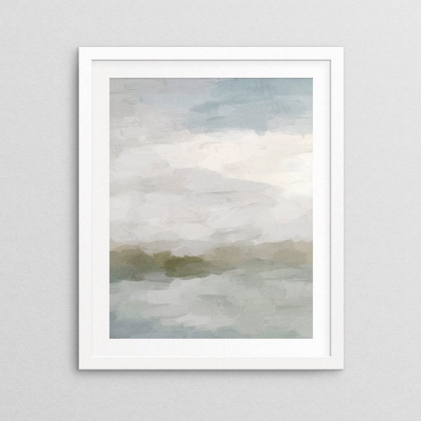 ART PRINT - Sage Green Blue Ocean Horizon I, Gray Clouds Sunrise, Coastal Wall Décor, Nature Art Painting, 5x7 8x10 11x14 16x20 Portrait