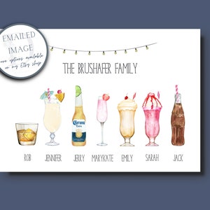 Family Drinks Emailed Image - Personalised Family Print, Drink Print, Family Print, Gin Print, Custom Family Portrait