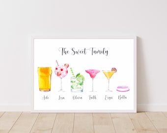 Family Drinks - Personalised Family Print, Custom Drink Print, Personalised Print Gift, Family Print, Gin Print, Gin Gift, Fathers Day Gift