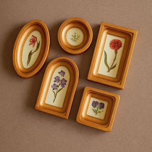 May include: A collection of five gold-colored picture frames in various shapes, each containing a botanical illustration. The frames display images of flowers in shades of red, purple, and green, set against a cream-colored background.