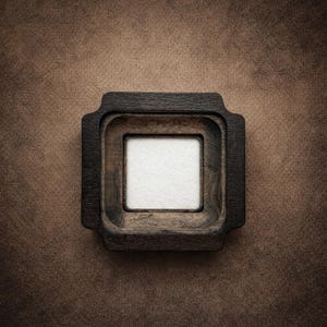 May include: A square, dark-stained wooden frame with a white interior, set against a textured brown background. The frame has a unique, decorative shape with rounded corners, creating a vintage or rustic aesthetic.