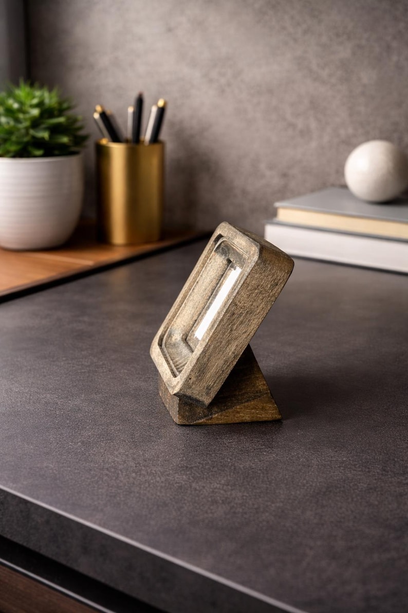 Puede incluir: Un marco de fotos de madera con un acabado envejecido, inclinado sobre un peque&ntilde;o soporte. El marco es rectangular con un &aacute;rea empotrada para una foto. El fondo incluye una planta, bol&iacute;grafos y libros.