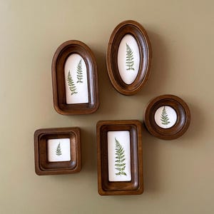 Puede incluir: Conjunto de cinco marcos de madera con estampados bot&aacute;nicos. Cada marco, de formas variadas (ovalado, redondo, cuadrado y rectangular), contiene una impresi&oacute;n de helecho verde sobre fondo blanco, creando una est&eacute;tica natural.