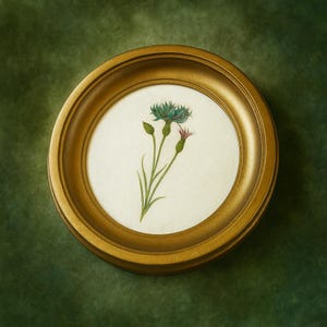 Può includere: Una cornice dorata circolare contenente un'illustrazione botanica di un fiordaliso blu con steli e foglie verdi su sfondo color crema. L'opera presenta un singolo fiore sbocciato e un bocciolo più piccolo, centrati all'interno.