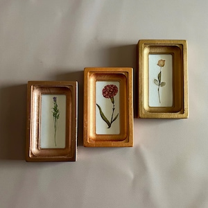 May include: Three small, rectangular, gold-colored frames, each containing a pressed flower on a white background. The flowers include a lavender sprig, a red carnation, and a yellow rose. The frames are arranged on a light pink surface.