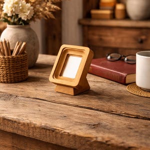 Pode incluir: Uma pequena moldura quadrada de madeira clara com uma inserção branca está sobre uma mesa de madeira rústica. A moldura é castanho-claro e tem um design simples e moderno. Outros itens na mesa incluem um livro, óculos e uma chávena de café, sugerindo um tema de decoração de casa.