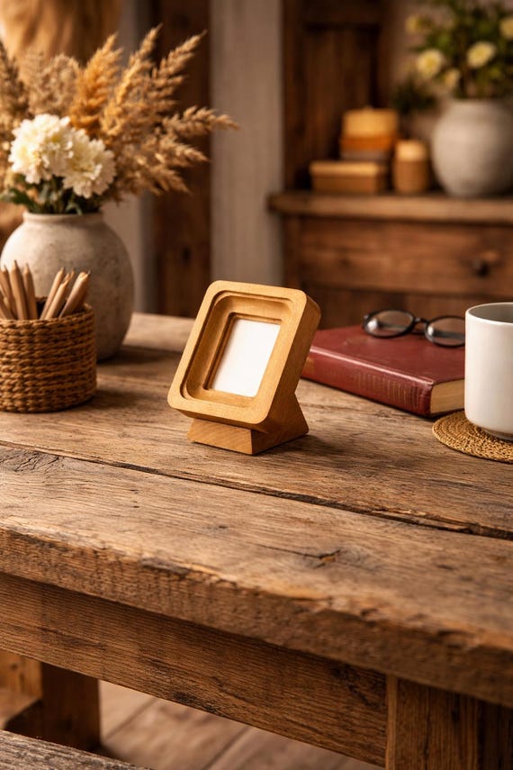 Handcrafted wooden gold frame on a stand made of natural wood