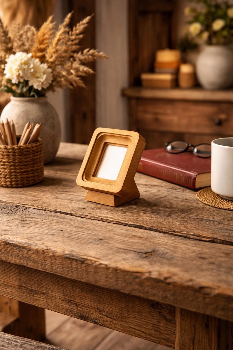 May include: A small, square wooden picture frame with a white insert stands on a rustic wooden table. The frame is light brown and has a simple, modern design. Other items on the table include a book, glasses, and a coffee cup, suggesting a home decor theme.