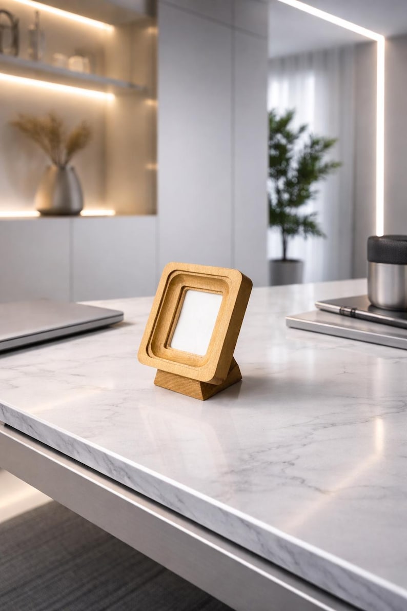 May include: A small, square wooden picture frame with a light-colored finish. The frame is angled and stands on a small base. The frame is empty, with a white interior. The frame is on a marble-like surface.
