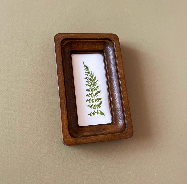 May include: A small, rectangular wooden frame with a dark brown finish. Inside, a white background displays a pressed green fern. The frame has a beveled edge, adding a touch of vintage charm. The overall aesthetic is natural and botanical.