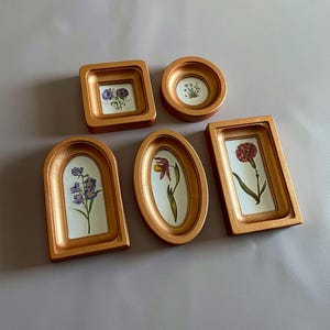 May include: A collection of six small, gold-colored picture frames in various shapes: square, round, arched, and oval. Each frame holds a botanical illustration of a flower. The frames are arranged on a light gray surface.