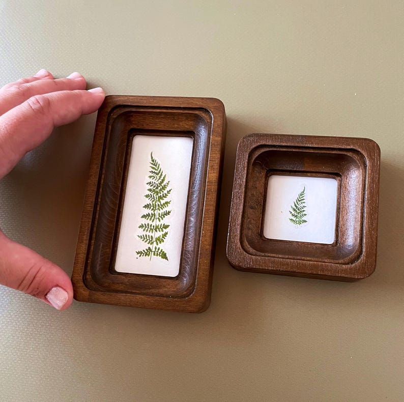 May include: Two small, wooden frames with a natural fern leaf pressed inside. The frames are rectangular and square, with a dark brown finish. The fern is green and set against a white background. The frames are likely for displaying small art or botanical prints.