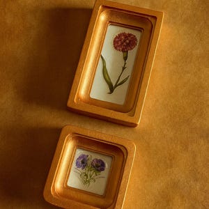 以下が含まれることがあります： 金色の長方形フレーム2つ。1つは赤い花、もう1つは紫の花のプリント。フレームは茶色の表面にあります。