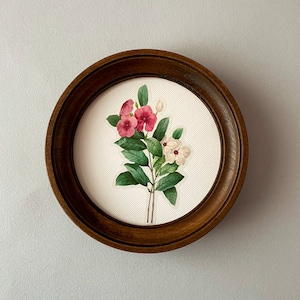 May include: A framed botanical print featuring a pink and white flower with green leaves. The frame is brown wood with a simple design.
