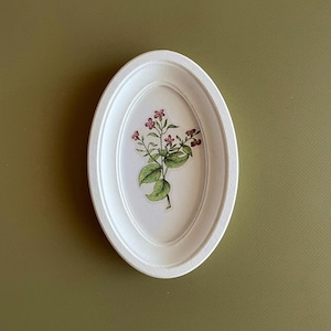 May include: White oval-shaped decorative tray with a floral design. The tray features a raised border and a central image of a botanical illustration with pink flowers and green leaves. The background is a muted olive green.