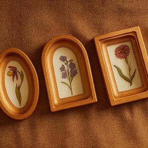 May include: Three gold-colored framed botanical prints. The frames are in oval, arched, and rectangular shapes. Each frame contains a different pressed flower on a cream-colored background. The frames are arranged on a brown textured surface.