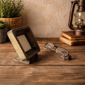 Puede incluir: Un marco de fotos de madera con un interior claro se encuentra sobre una superficie de madera junto a un par de gafas. El marco tiene un aspecto r&uacute;stico y desgastado. Una l&aacute;mpara de aceite vintage y libros est&aacute;n en el fondo.