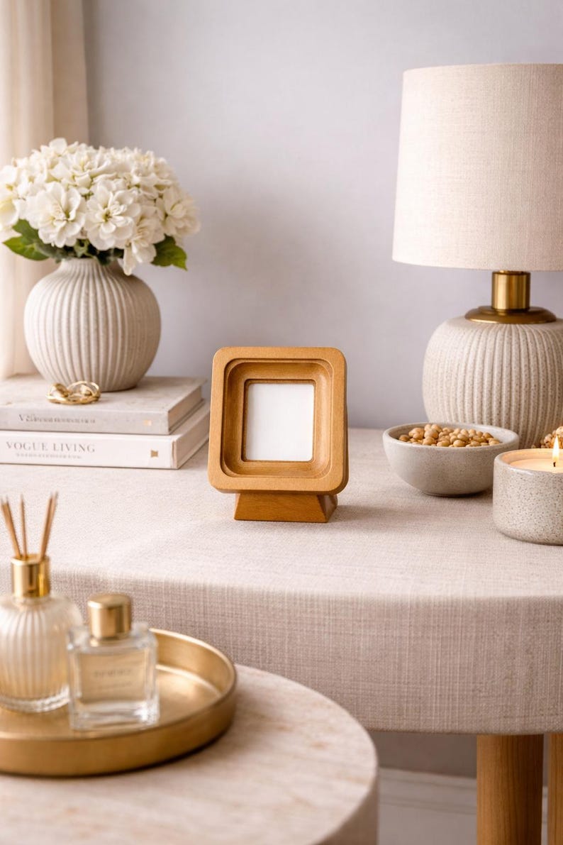 May include: A square wooden picture frame with a layered design, displayed on a table. The frame is light brown and has a white interior. The table is covered with a neutral-colored linen cloth, and other decorative items are visible.
