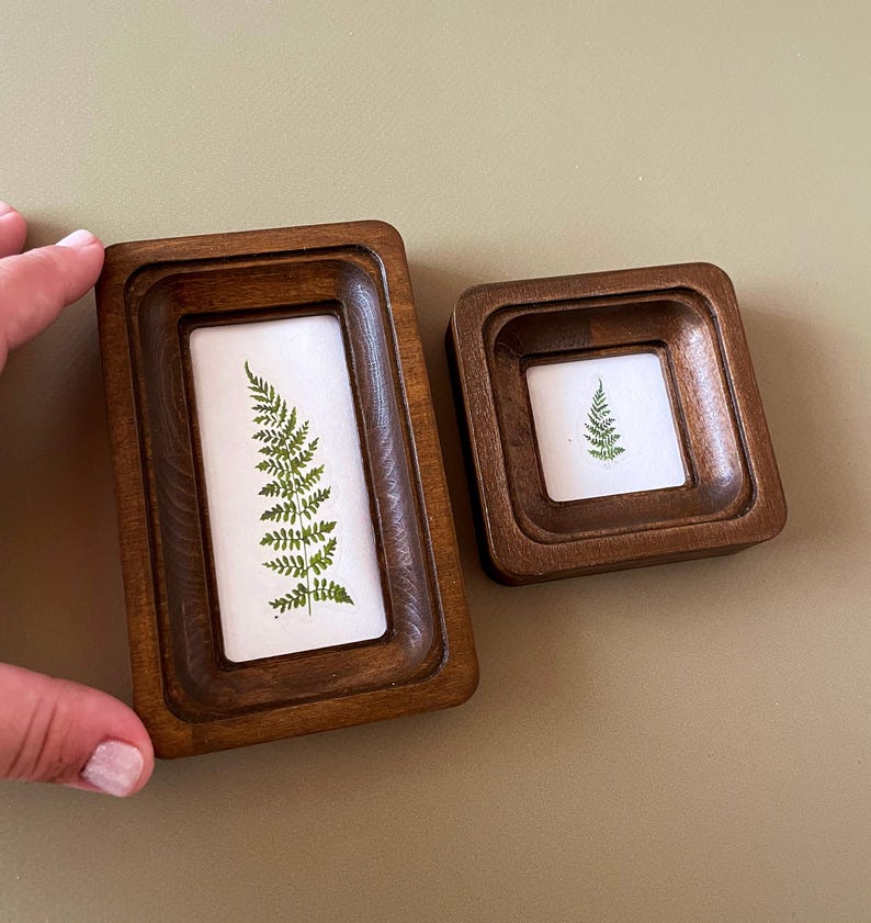 May include: Two wooden frames, one rectangular and one square, each containing a pressed fern. The frames are a warm brown color, and the ferns are a vibrant green. The frames are set against a neutral background.