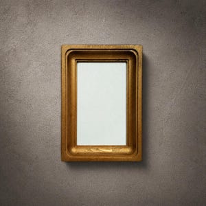 May include: A rectangular picture frame with a metallic gold finish and a deep, stepped inner border. The frame features a smooth, solid construction with a clean, centered rectangular opening that displays a plain white background surface.
