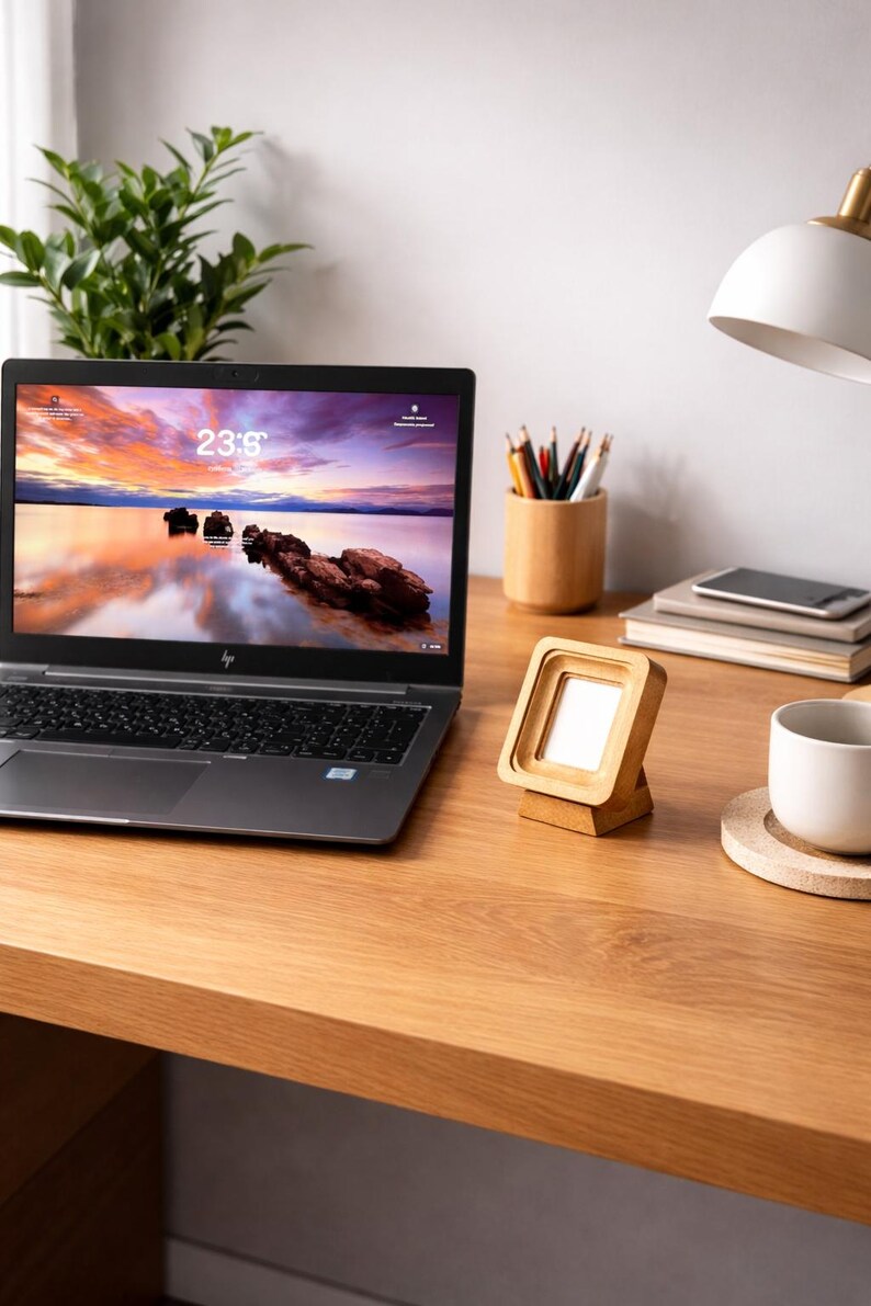 May include: A laptop with a colorful sunset wallpaper sits on a wooden desk, next to a small wooden picture frame. A white mug, pencils, and a desk lamp are also on the desk. A small green plant is in the background.