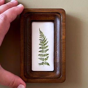 May include: A small, rectangular wooden frame with a dark brown finish. Inside, a pressed green fern leaf is displayed against a white background. The frame is held by a hand, showcasing the natural elements.