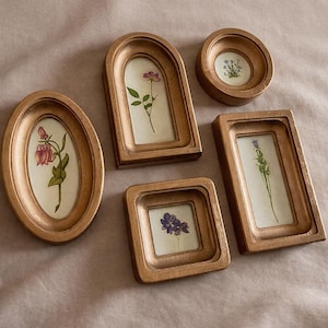 May include: A collection of five small, gold-colored picture frames in various shapes, each containing a pressed flower. The frames include oval, arched, round, square, and rectangular designs, showcasing botanical art.