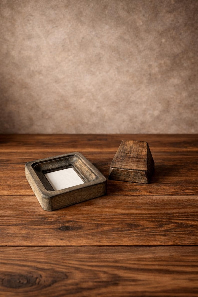 Puede incluir: Dos cajas de madera sobre una superficie de madera. Una caja es cuadrada con un interior empotrado y un inserto blanco. La otra caja es un peque&ntilde;o prisma triangular. El fondo es una pared texturizada neutra.