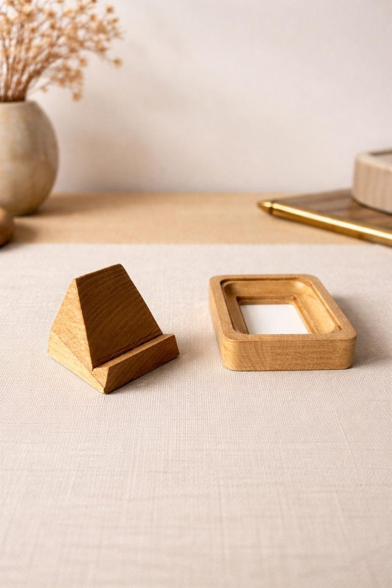 May include: Two wooden desk accessories: a triangular phone stand and a rectangular tray. Both are made of light-colored wood and sit on a neutral-toned surface. The phone stand is angled for optimal viewing.