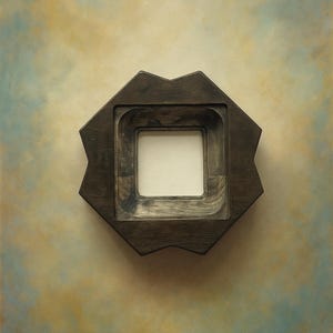 Puede incluir: Un marco de fotos de madera marrón oscuro con un diseño geométrico único. El marco tiene una forma exterior octogonal con una abertura cuadrada para la foto. El fondo es una mezcla de tonos azules, amarillos y marrones.