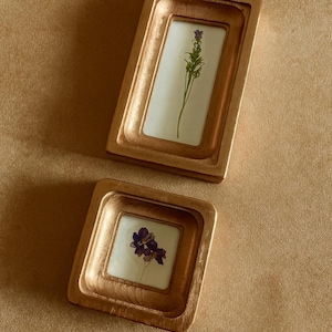 May include: Two gold-colored rectangular picture frames, one larger than the other, each containing a pressed flower against a white background. The frames are arranged on a tan surface, with the top frame angled slightly.