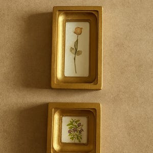 May include: Two small, gold-colored rectangular frames with botanical art. The top frame contains a dried rose, and the bottom frame features a sprig of purple flowers. The frames are set against a neutral background.