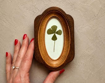 Four-Leaf Clover in  Wooden Frame, Good Luck Charm, Botanical Wall Art