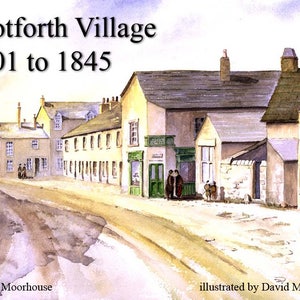 May include: A watercolor painting depicting a street scene in Scottforth Village, England, from 1801 to 1845. The painting shows a row of brick buildings with windows and doors, and people walking on the street. The title "Scottforth Village 1801 to 1845" is written at the top of the painting, and the artist's name, "Linda Moorhouse", is written at the bottom left. The painting is illustrated by David Moorhouse.